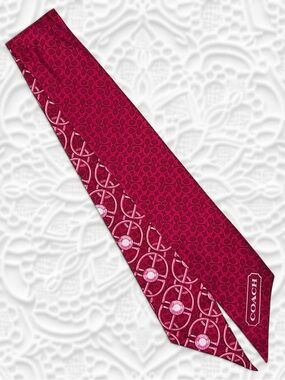 COACH Buckles & Buttons Mini Signature C Skinny Scarf 💯 Silk in Magenta/Red
